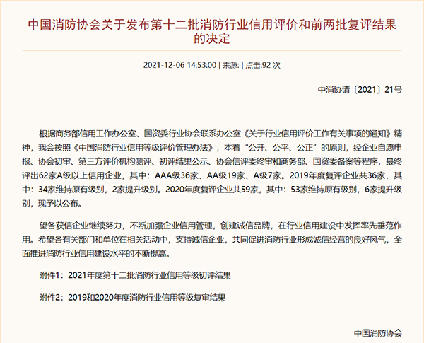 中国消防协会公布AA级信用企业名单